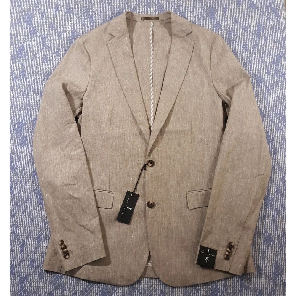 American Tall Linen Blend Blazer Jacket Mens 40 Tall Beige Unstructured NEW
